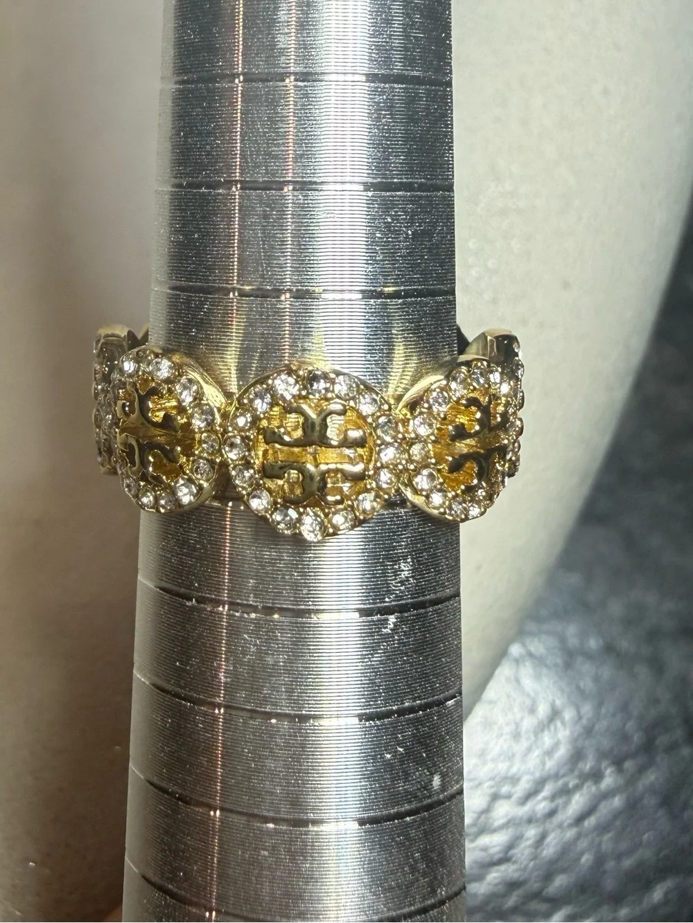 Tory Burch Gold-Tone Crystal Logo Ring Size 7.5